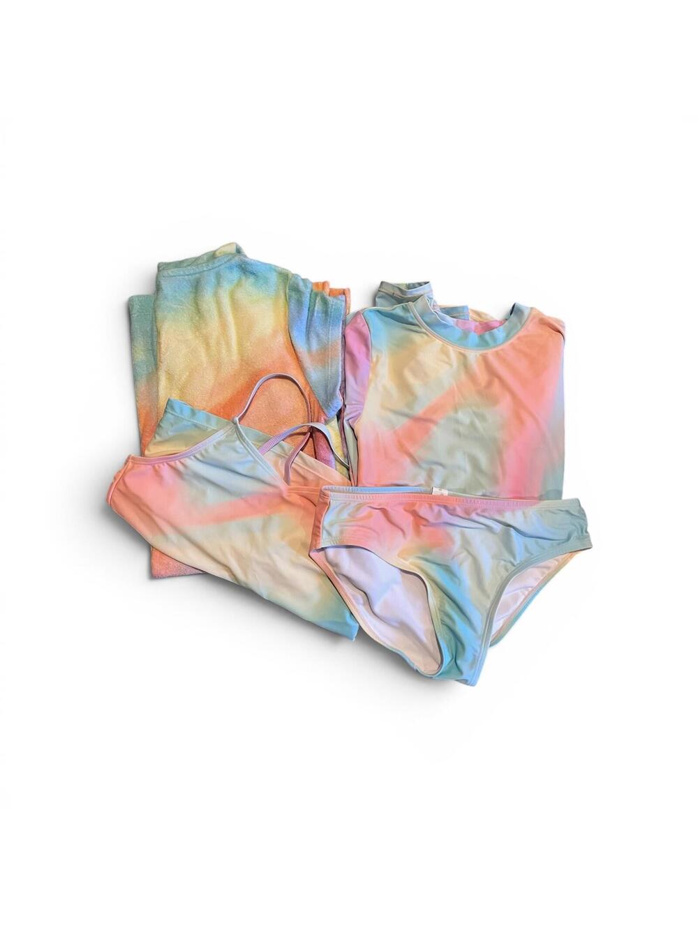 Girls 10/12 Pastel Rainbow 4-Piece Swim Set Tank Cover-up Rash guard LS Bottoms